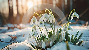 A tranquil backdrop of springtime, showcasing delicate snowdrop flowers scattered across a snowy glade nestled within the woods