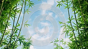 Tranquil Bamboo Forest Skyward View with Fluffy Clouds