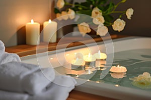 Tranquil Bath bubbles candles room. Generate Ai