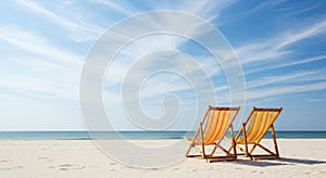 Tranquil Beach Chairs and Ocean View Two empty beach chairs sit on a pristine sandy beach facing a calm ocean under a vibrant photo