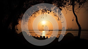 Tranquil beach at dawn: calm ocean, tree silhouette, golden sunset, bridge and city in the background