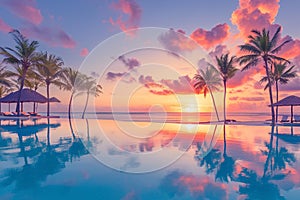 Tranquil beach holiday scene with poolside reflection and colorful sky