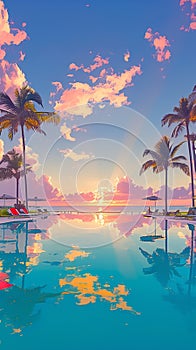 Tranquil beach holiday scene with poolside reflection and colorful sky