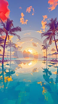 Tranquil beach holiday scene with poolside reflection and colorful sky