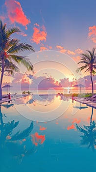 Tranquil beach holiday scene with poolside reflection and colorful sky