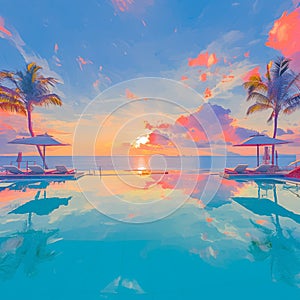 Tranquil beach holiday scene with poolside reflection and colorful sky