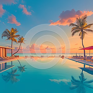 Tranquil beach holiday scene with poolside reflection and colorful sky