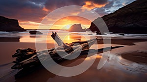 Tranquil beach in nature with golden sky and sea at sunset background