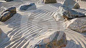 Tranquil Beach with Sand Patterns and Serene Rocks