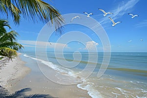 Tranquil beach scene with calm ocean waters and clear blue sky. Serene oasis of solitude