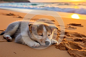 Tranquil beach scene with cute dog puppy relaxing on sandy shore by gentle sea waves