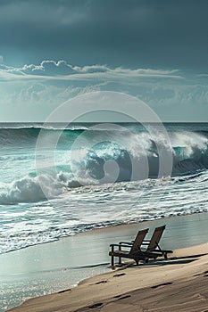 A tranquil beach scene, deserted chairs suggesting a hiatus in tourism, with ongoing waves crashing against the shore