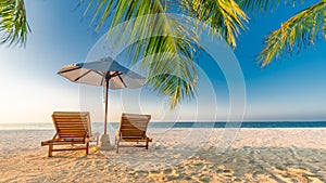 Tranquil beach scene. Exotic tropical beach resort, landscape for background or wallpaper. Design of summer vacation holiday