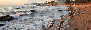 Tranquil beach scene with footprints left on the sandy shore by the peaceful sea