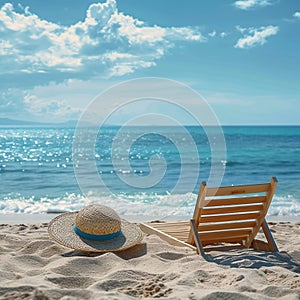 Tranquil beach scene Midday with sunhat on vacant sunlounger