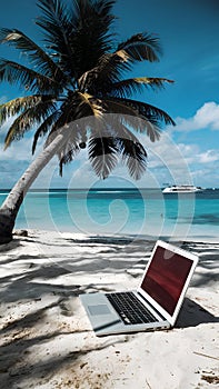 Tranquil beach scene with palm tree shadow, red laptop, boat in distance.