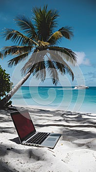 Tranquil beach scene with palm tree shadow, red laptop, boat in distance.