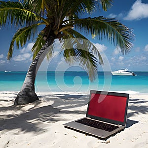 Tranquil beach scene with palm tree shadow, red laptop, boat in distance.