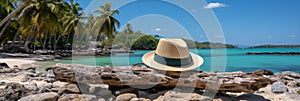 Tranquil beach scene with sandy shore, stylish straw hat, and lush palm tree branch
