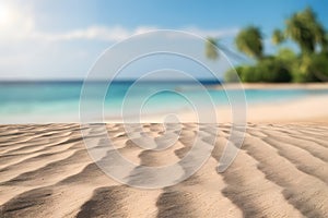 Tranquil beach scene with sandy shores, blue sea, palm trees, and clear sky on a sunny day