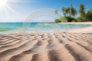 Tranquil beach scene with sandy shores, blue sea, palm trees, and clear sky on a sunny day