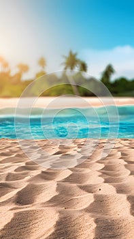 Tranquil beach scene with sandy shores, blue sea, palm trees, and clear sky on a sunny day