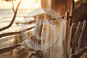 Tranquil beach scene at sunset with stylish hats and a bag on a wooden chair