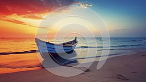Tranquil Beach Sunset: Boat on the Horizon. Generative AI