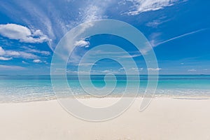 Beautiful beach shore. Ocean sunrise tranquil waves, seascape, blue sunny sky. Summer sea sand sky concept