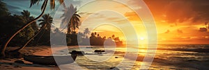 Tranquil Beachscape with Sandy Beach Palm Trees and Fishing Boat at Sunset