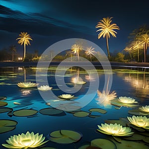 A tranquil, bioluminescent lagoon with floating water lilies that emit a soft glow1