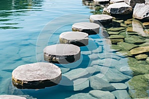 Tranquil blue water oasis for zen meditation with stepping stones for relaxation and mindfulness