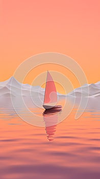 tranquil boat at serene lake at sunset, in style of pink, orange and purple, solitude and calmness concept