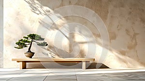 Tranquil Bonsai Tree on Wooden Bench, Serenity Concept. Modern Minimalist Design, Zen Aesthetic. Perfect for Relaxation