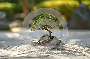 Tranquil Bonsai Tree on a Zen Garden Background