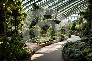 Tranquil botanical conservatory with lush greenery and pathway