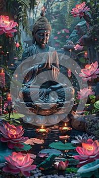 Tranquil Buddha Statue Meditating Amidst A Pond Of Floating Lotus Flowers And Candles. AI Generated