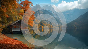 Tranquil cabin by a calm lake surrounded by a forest ablaze with autumn colors, reflecting a serene atmosphere.