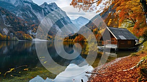 Tranquil cabin by a calm lake surrounded by a forest ablaze with autumn colors, reflecting a serene atmosphere.