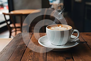 Tranquil cafe scene single hot coffee cup beckons customers photo
