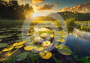 Tranquil and calm lake with water lilies