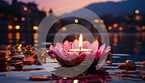 Tranquil candlelight reflects beauty in nature, symbolizing spirituality and harmony generated by AI