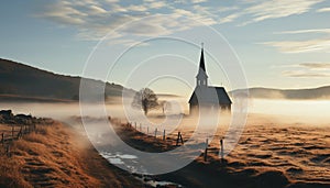 Tranquil chapel in fog, surrounded by mountains and autumn trees generated by AI