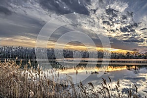 Tranquil Chesapeake Bay pond during Winter at sunset