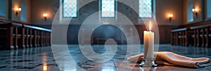 Tranquil church interior with candle and soft lighting