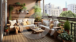 Tranquil City Balcony with Lush Plants and Comfortable Bench for Relaxation