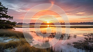 Tranquil coastal marsh with sunlight and reflections at dawn