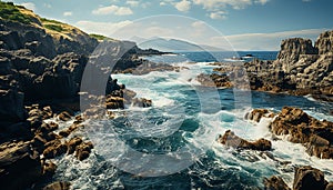 Tranquil coastline, rocky cliffs, waves splashing, sunset over water generated by AI