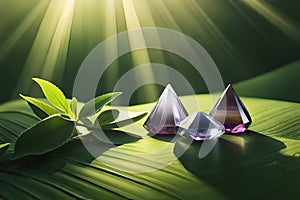 A Tranquil Composition: Healing Crystals on a Bed of Verdant Leaves with Generative AI