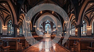 A tranquil and contemplative sanctuary with rows of polished pews leading up to a stately altar framed by intricate